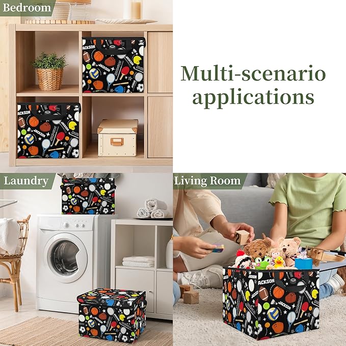 Sport Basketball Soccer Custom Storage Bins with Lid Foldable Fabric Personalized Storage Basket Box with Handle Storage Organizer Container for Home Bedroom Closet