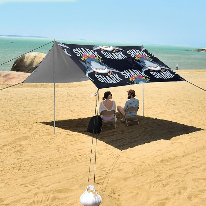 ALAZA Black Bottomed Shark Pattern Beach Tent Sun Shelter Portable Canopy Sunshade for Outdoor Camping Picnics Backyard Fun 10x9 ft