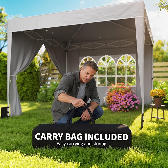 Outsunny 10 x 10 ft Pop Up Canopy Tent with Sidewalls UPF50+ Outdoor Portable Instant Canopy Shelter with Carry Bag Sandbags Adjustable Height for Parties Events Camping Light Gray