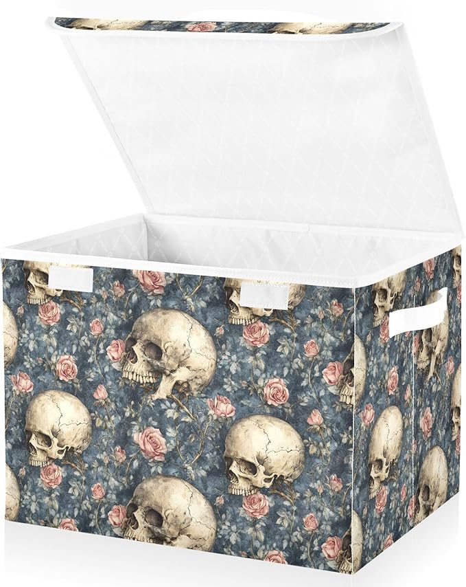 Storage Cube with Lid Flowers Skulls Print 16.5×12.6×11.8 IN 1 Pack Collapsible Large Capacity Foldable Storage Basket Bin Organizer