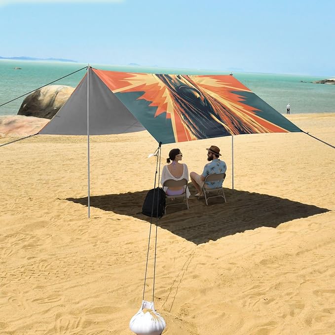 Retro Highland Cattle Beach Tent Sun Shelter Set UPF50+ UV Protection 10.5 x 9.19 FT Camping Shade Canopy with Sandbags Sand Anchors Carrying Bag and Others