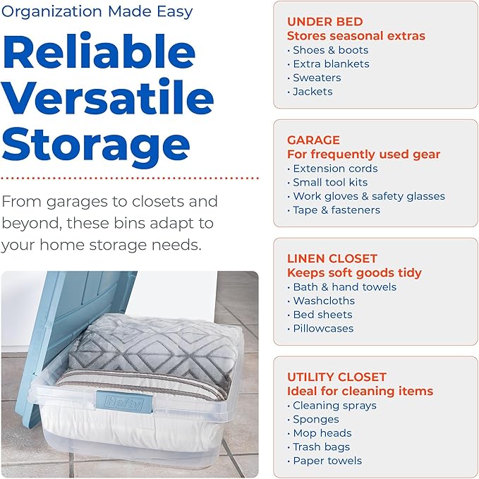 Hefty HI-RISE 40 Qt Stackable Storage Bins with Lids – 6 Pack Clear Plastic Under Bed Storage Containers Shoe Organizer Boxes with XL Lid-Locking Latches Comfort-Grip Handles Durable Double Rim