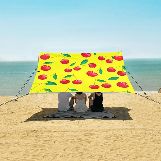 xigua Red Cherries Beach Tent Sun Shelter with Carrying Bag - Silver Coated Oxford Fabric Beach Canopy for Beach Camping Fishing - Includes Windproof Ropes Sandbags &amp Stakes