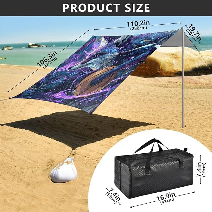 ALAZA Mystical Fox Basketball Beach Tent Sun Shelter UPF50+ Protection Beach Shade Canopy w/ 4 Sandbags for Outdoor Camping Fishing Backyard Fun Picnic 10x9 ft