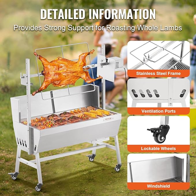 VEVOR Rotisserie Grill with Windscreen BBQ Whole Pig Lamb Goat Charcoal Spit Grill 35 Inch 90 Lbs Capacity Electric 42W Motor Stainless Steel Roaster with Lockable Wheels for Camping Outdoor