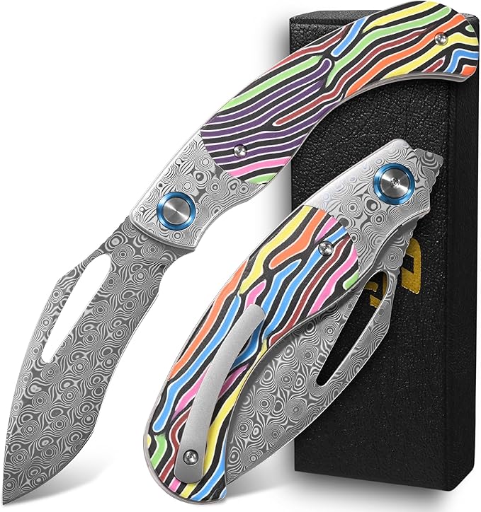 Sitivien ST270 Folding Knife Damascus Steel Blade Colorful G10 &amp Damascus Handle with Ball Bearing for Men Women Outdoor Camping Hiking Fishing(Color)