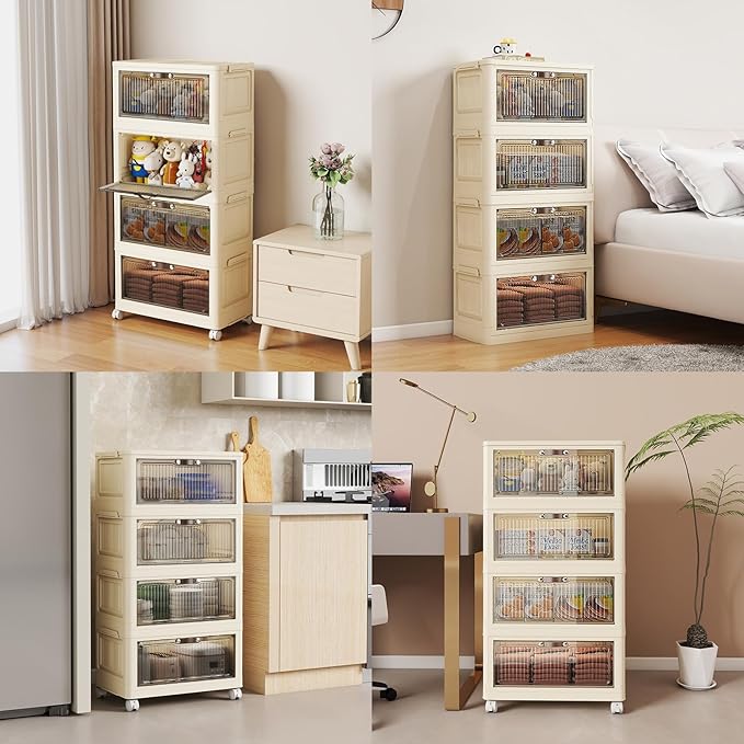 4 Tier - 34QT Storage Bins with Lids Collapsible Storage Bins with Doors and Wheels Plastic Storage Cabinet for Easy Storage and Organization for Living Room Office