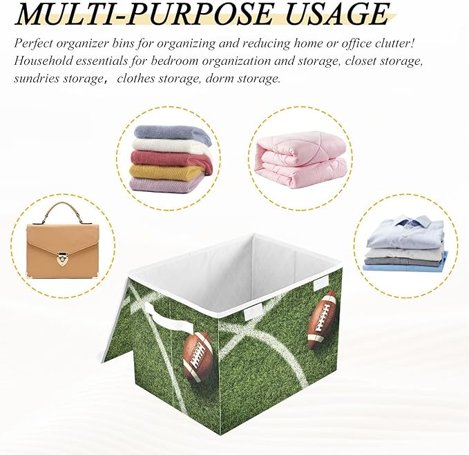 Foldable Storage Bin Basket with Lid - Football Field Sport Large Collapsible Storage Box Organizer for Home Office &amp Books Clothes Storage 16.5x12.6x11.8