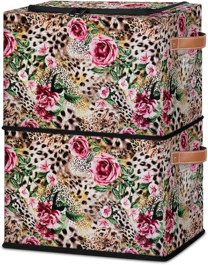 Clothes Storage Bins with Metal Frame Leopard Print Flower Storage Boxes with Zipper Lids Collapsible Cube Clothing Storage Bag with Leather Handle Closet Clothes Organizer Container