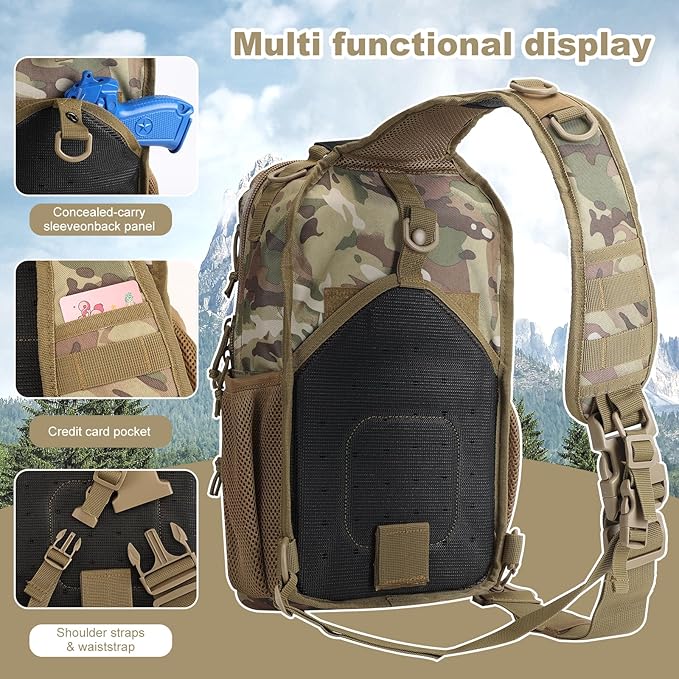 Rover Sling Pack Tactical Shoulder Sling Bag Backpack with Bottle Holder Crossbody Chest Bag CP Camo