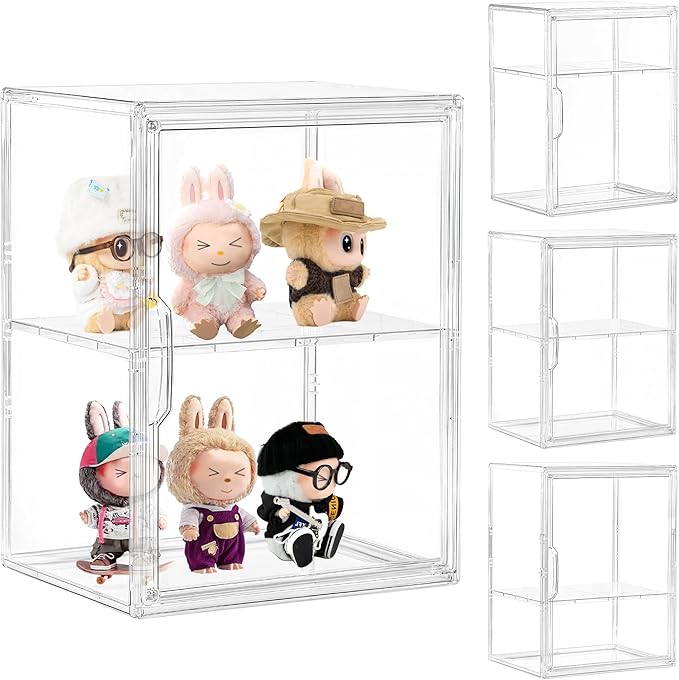 Acrylic Display Case with Removable Shelf 2 Tier Clear Plastic Stackable Storage Bins with Magnetic Lids Figure Display Case for Collectibles Cosmetic Acrylic Box 4 Pack