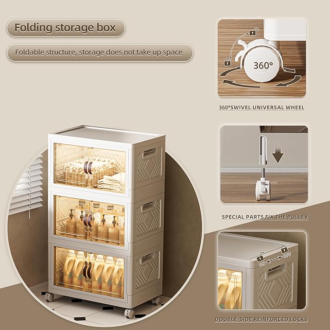 108 QT / 27 Gal Stackable Storage Bins (1 Lid) w/Wheels &amp Magnetic Doors Collapsible Plastic Organizer Cabinet for Closet Office Garage - White Storage Containers