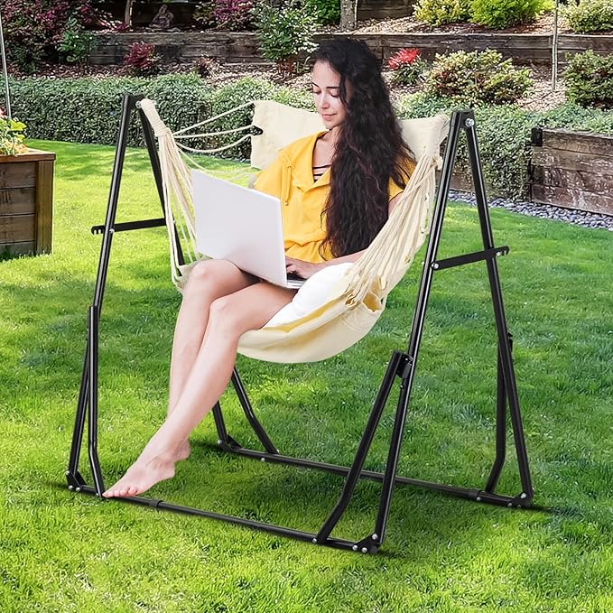 2 in 1 Hammock with Stand Outdoor Hammock Swing Chair with Portable Heavy Duty Stand Multi-Functional Hammock Stand 480 lbs Weight Capacit-White