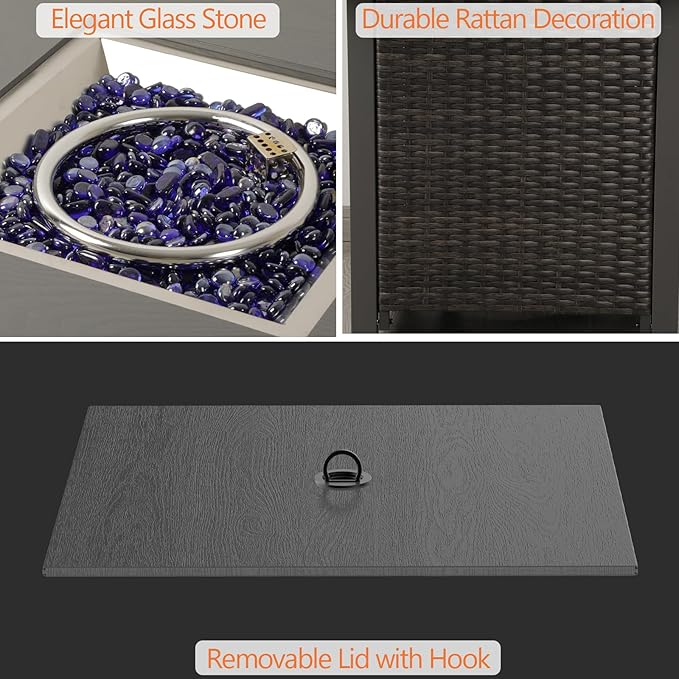 COWSAR 28 Rattan Square Propane Fire Pit Table 50000 BTU Outdoor Gas Fire Pit Includes Lid and Lava Rocks for Patio Deck Garden Warmth and Ambiance Black