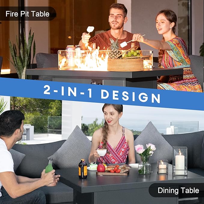 NICESOUL 43'' Aluminum Fire Pit Table 60000 BTU Propane/Natural Gas Outdoor Firepit with Wind Guard &amp Glass Rocks All-Weather Rectangular Fireplace for Outside Patio CSA-Certified Ember Black