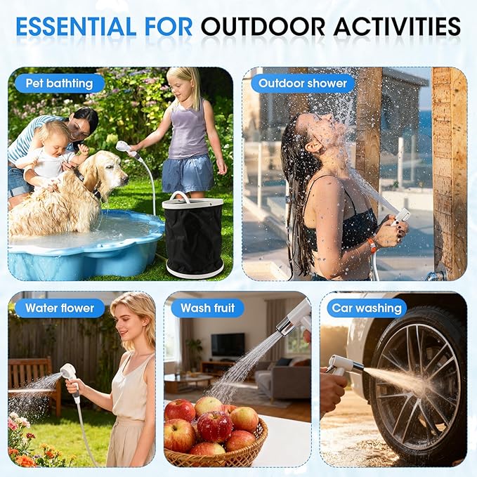 Portable Camping Shower Outdoor Shower Kit Hose Spray Gun &amp Folding Bucket Rechargeable Battery Powered Portable Shower for Camping Hiking BeachRVPet Cleaning &amp Road Trips