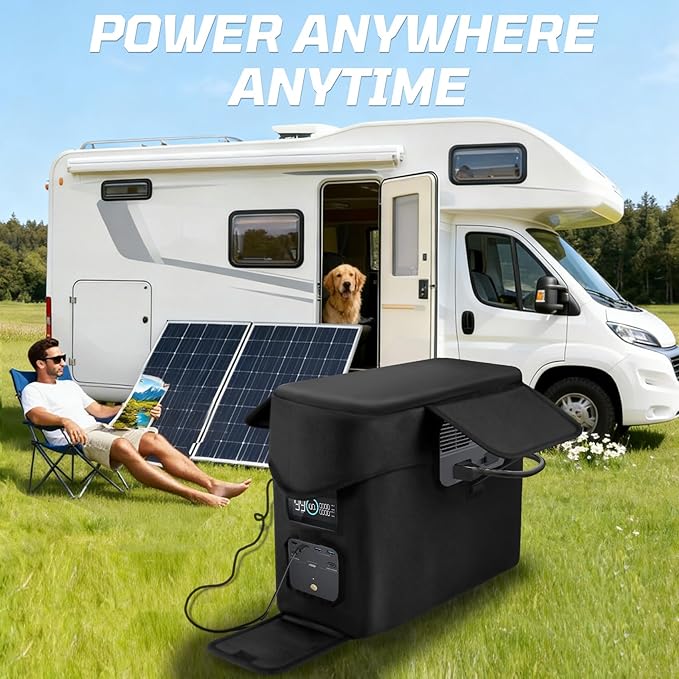 Heavy-Duty Protective Cover Compatible with EcoFlow DELTA 2 Max &amp Extra Battery 1680D Waterproof Dustproof Storage Case with Side Accessory Pocket Precision Fit for Outlets &amp Ventilation (Bl