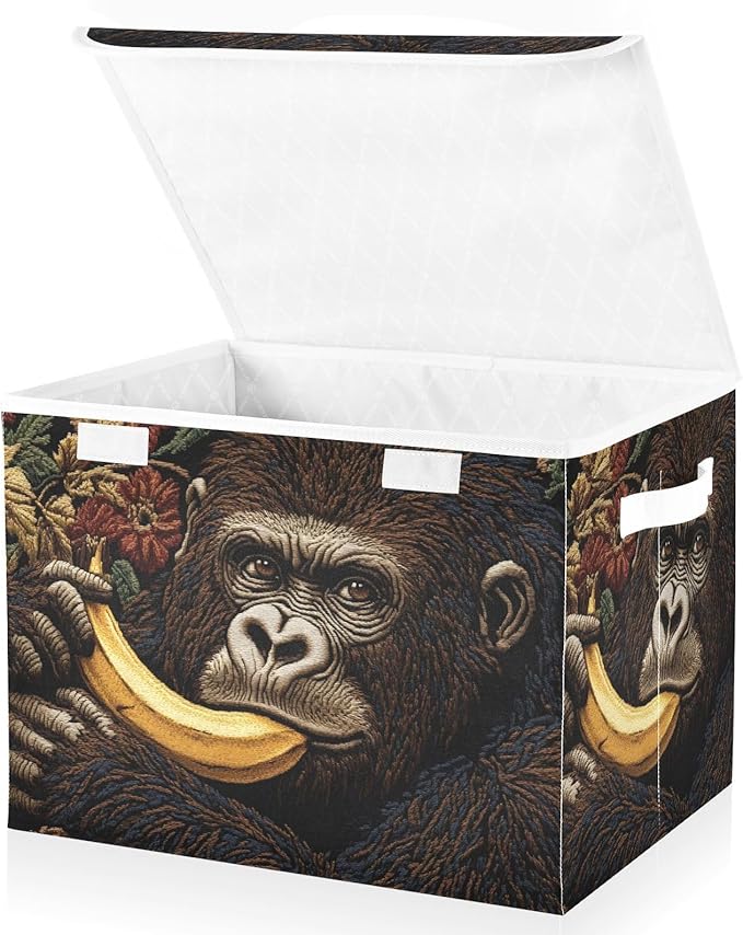 Funny Gorilla Storage Cube Bins Basket with Lid Collapsible Flip-top Fabric with Handle for Home Bedroom Closet Office 16.5×12.6×11.8 in