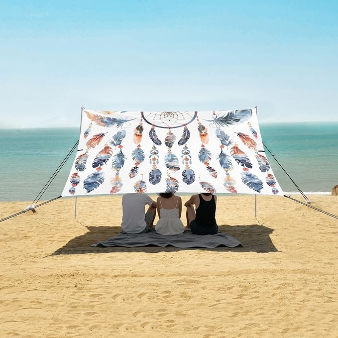 ALAZA Dreamcatcher Feathers Boho Beach Tent Sun Shelter UPF50+ Protection Beach Shade Canopy w/ 4 Sandbags for Outdoor Camping Fishing Backyard Fun Picnic 10x9 ft