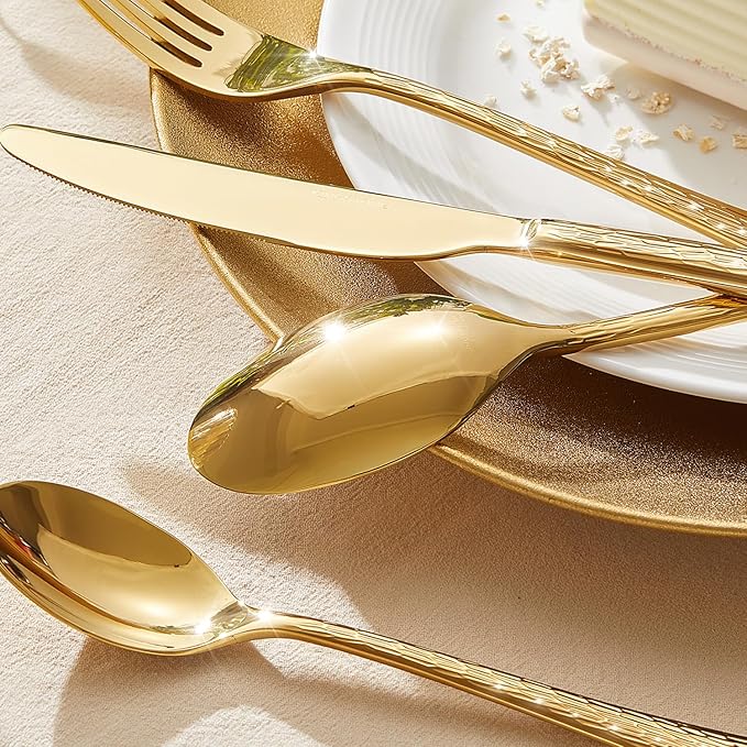 KINGSTONE Gold Hammered Silverware Set Flatware Set with Serving Utensils 18/10 Stainless Steel Premium Cutlery with Unique Ripple Handles Design Mirror Polished - Dishwasher Safe (65-Piece)