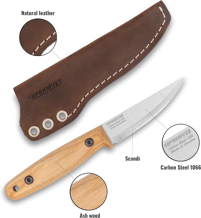 BPSKNIVES Finn Lite - Puukko Knife - Fixed-Blade Carbon Steel Knife with Leather Sheath - Small Full Tang Camping Knives - Scandinavian Camp Utility Knives