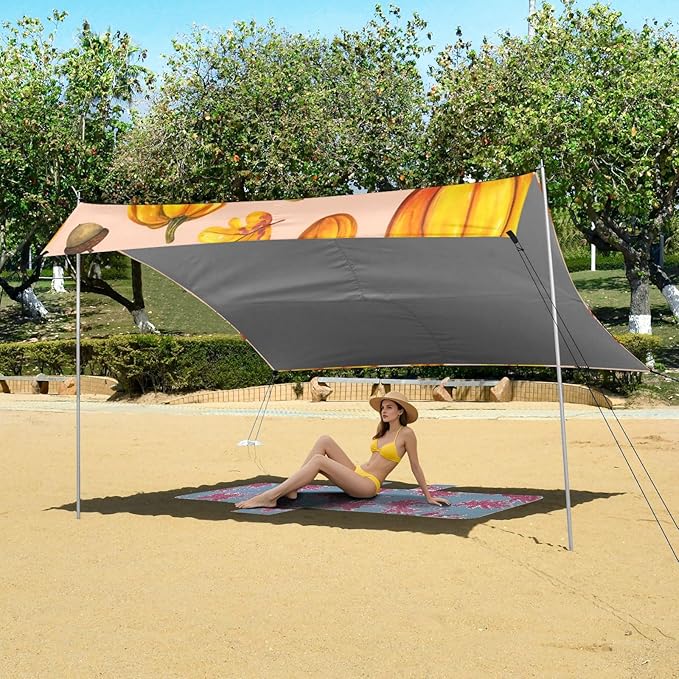 xigua Pumpkins Beach Tent Sun Shelter with Carrying Bag - Silver Coated Oxford Fabric Beach Canopy for Beach Camping Fishing - Includes Windproof Ropes Sandbags &amp Stakes