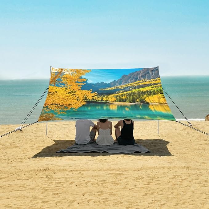 Beach Canopy with Windproof Ropes &amp Sandbags Beach Tent Sun Shade Sun Shelter for Camping Trips Fishing Backyard Fun or Picnics Autumn Landscape