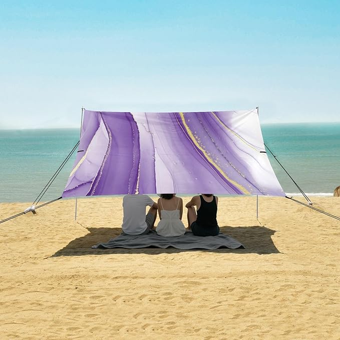 xigua Purple Texture Beach Tent Sun Shelter with Carrying Bag - Silver Coated Oxford Fabric Beach Canopy for Beach Camping Fishing - Includes Windproof Ropes Sandbags &amp Stakes
