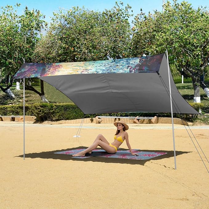 ALAZA Sunken Ship Coral in Sea Beach Tent Sun Shelter UPF50+ Protection Beach Shade Canopy w/ 4 Sandbags for Outdoor Camping Fishing Backyard Fun Picnic 10x9 ft