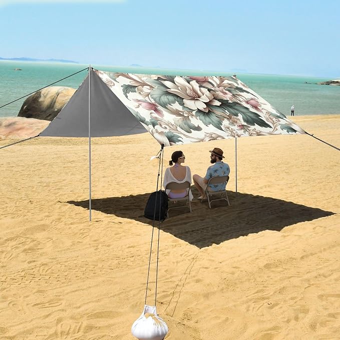 Retro Magnolia Flowers Beach Tent Sun Shelter Set UPF50+ UV Protection 10.5 x 9.19 FT Camping Shade Canopy with Sandbags Sand Anchors Carrying Bag and Others