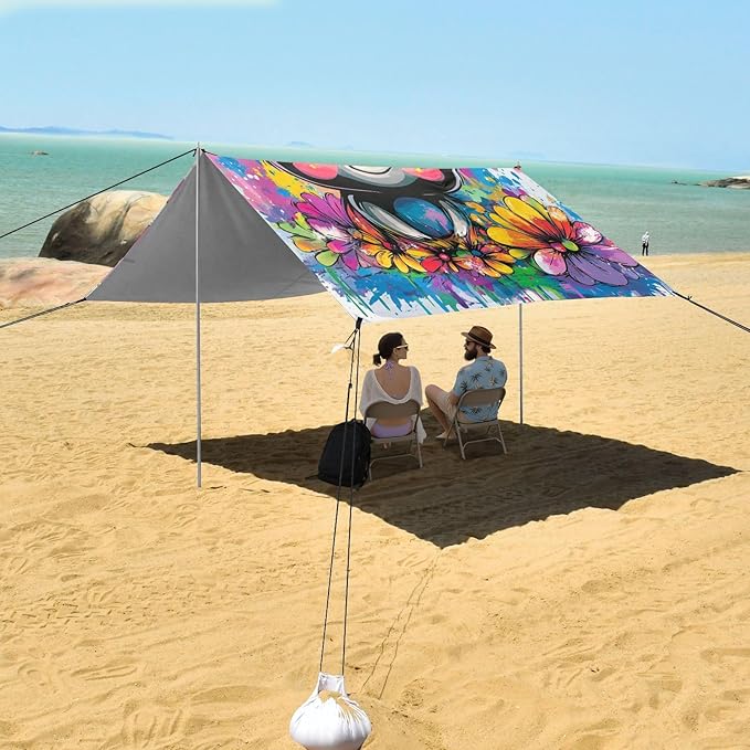 Chic Sloth Stable Beach Tent UPF50+ Water-Resistant Shade Sun Shelter with Sandbags &amp Sand Shovel for Camping Picnics Backyard &amp Fishing