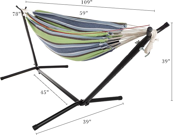 Double Brazilian Hammock with Stand Included – Woven Cotton 2-Person Outdoor Swing with Frame for Camping Backyard or Patio by Pure Garden