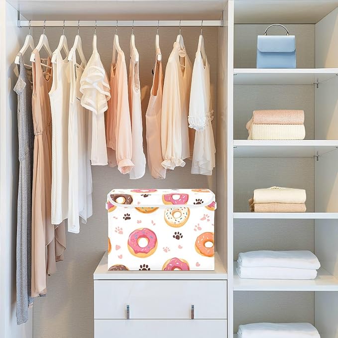 Collapsible Storage Bins with Lids Decorative Fabric Storage Cubes Closet Organizer and Storage Basket Boxes Containers for Clothes Box Chest Nursery Folding Rectangle Doughnuts Paw Prints Wh