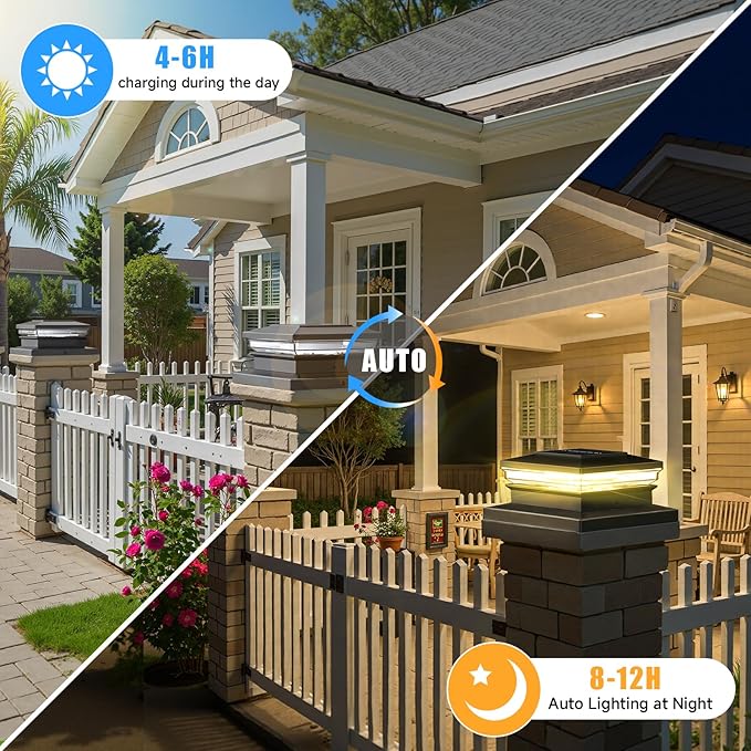 Solar Post Cap LightsFence Post Solar Lights 8 Pack Waterproof Outdoor Light for Garden Deck Patio Black Deck Posts Light with 2 Color ModesFor 4x4 5x5 6x6 Wooden/Vinyl/Aluminium Posts