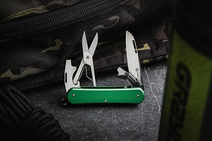 Fox Knives Vulpis FX-VP130-F4 Slipjoint Folding Knife 4-in-1 Multitool 2.17in Blade Bottle Opener Can Opener Flat Head Screwdriver Scissors - Compact Versatile Minimalist Pocket Knife (OD Green)