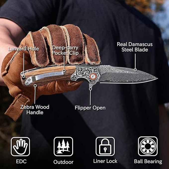 Damascus Pocket Knife for Men Folding Knives with Wooden Handle &amp 3.34 Sharp Damascus Steel Blade EDC Knifes for Camping Hiking Collection
