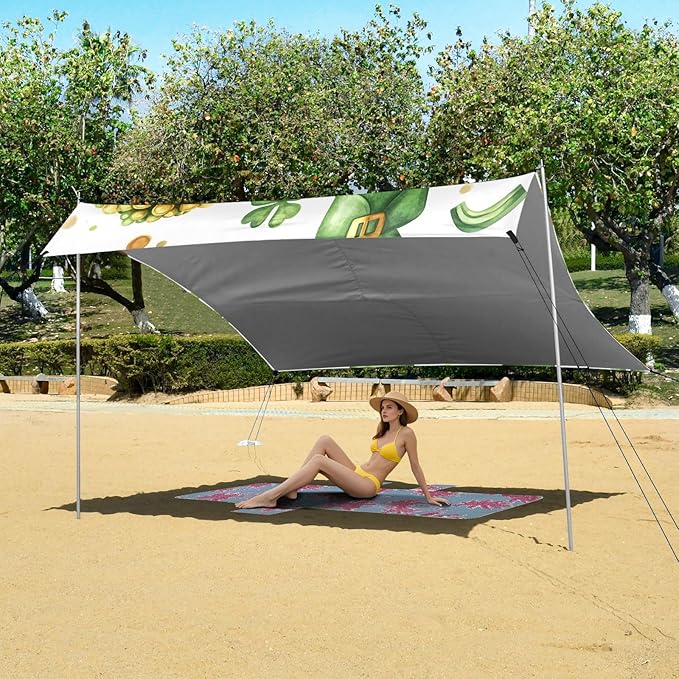 xigua St. Patrick's Day Beach Tent Sun Shelter with Carrying Bag - Silver Coated Oxford Fabric Beach Canopy for Beach Camping Fishing - Includes Windproof Ropes Sandbags &amp Stakes