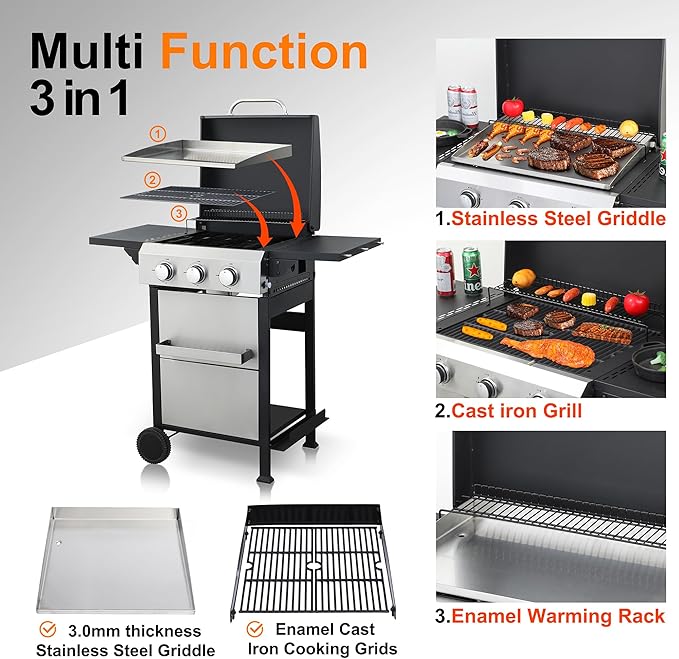 3-Burner Flat Top Propane Gas Grill Stainless Steel Griddle Combo with Foldable Side Table 36900 BTU Outdoor BBQ Grill Porcelain-Enameled Cast Iron Grids for Backyard Patio Cooking