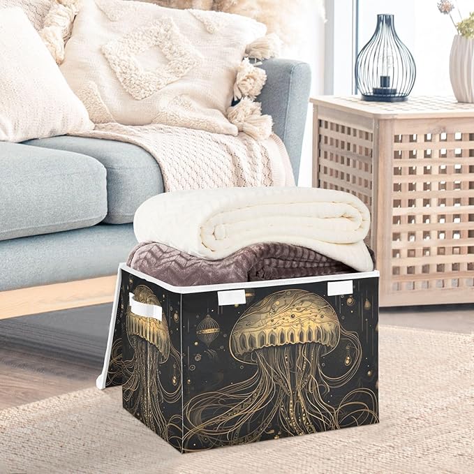 Golden Jellyfish Storage Cube with Lid Collapsible Flip-top locker Fabric Storage Bins Basket with Handle for Home Bedroom Closet Office 16.5×12.6×11.8 in