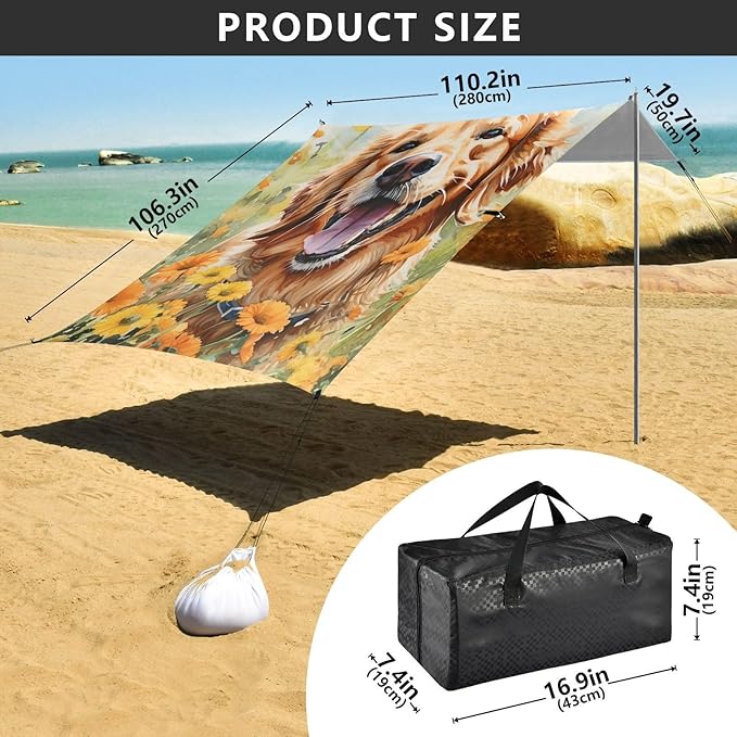 ALAZA Cute Golden Retriever in Flower Field Beach Tent Sun Shelter Portable Canopy Sunshade for Outdoor Camping Picnics Backyard Fun 10x9 ft