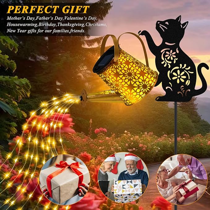 Solar Lights Outdoor Decorative Watering Can with Cascading Lights with Cat Silhouette Garden Stakes Waterproof Metal Garden Decor for Yard Art Outside Patio Lawn 2PACK