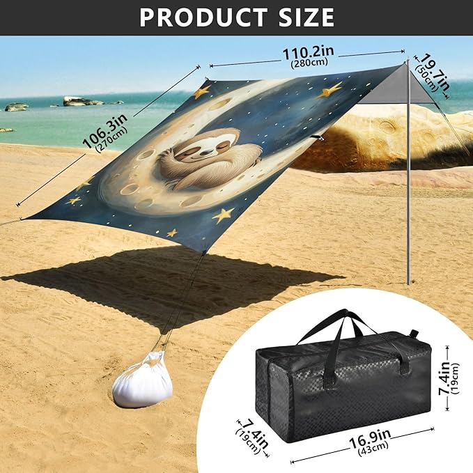 ALAZA Sloth Sleeping on The Moon Stars Beach Tent Sun Shelter Portable Canopy Sunshade for Outdoor Camping Picnics Backyard Fun 10x9 ft