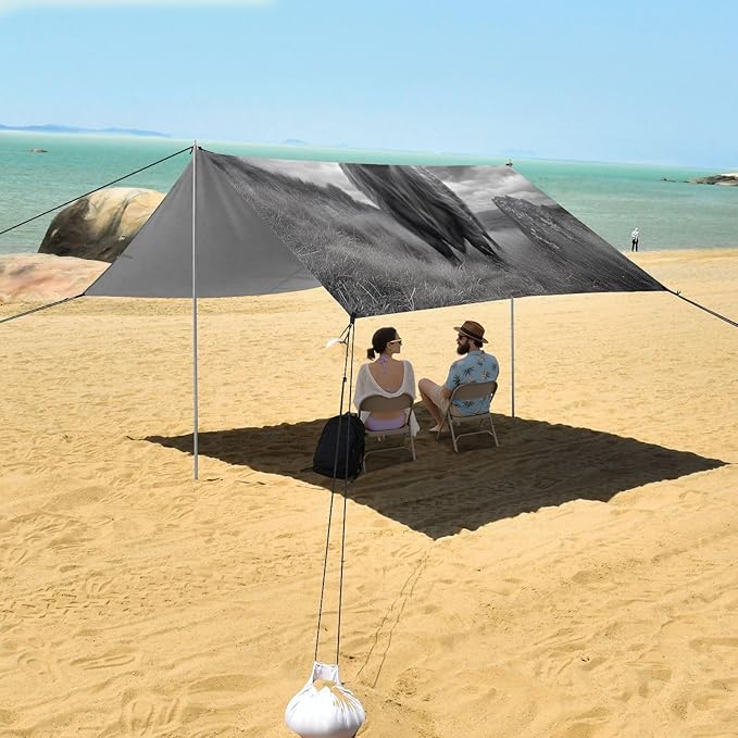 Highland Cow Gray Beach Tent Sun Shelter Set UPF50+ UV Protection 10.5 x 9.19 FT Camping Shade Canopy with Sandbags Sand Anchors Carrying Bag and Others
