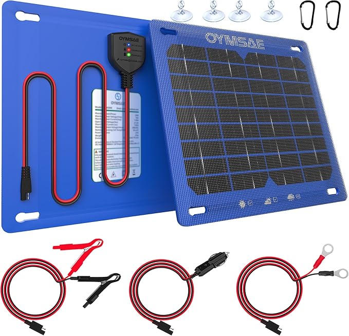 OYMSAE 12V 7.5W Solar Trickle Charger &amp Maintainer - Waterproof Battery Charger with Smart Controller for Car Boat RV Truck Marine - Includes Cigarette Plug &amp Alligator Clips