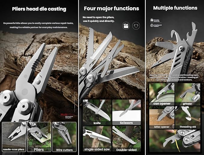 Multitool 15-in-1 Full-Size Lightweight EDC Multi-Purpose Pliers Folding Knife Camping Knives &amp Tools Men Gift Ideas Gifts for Hunters Men who have EverythingOutdoor Survival Gear (silver