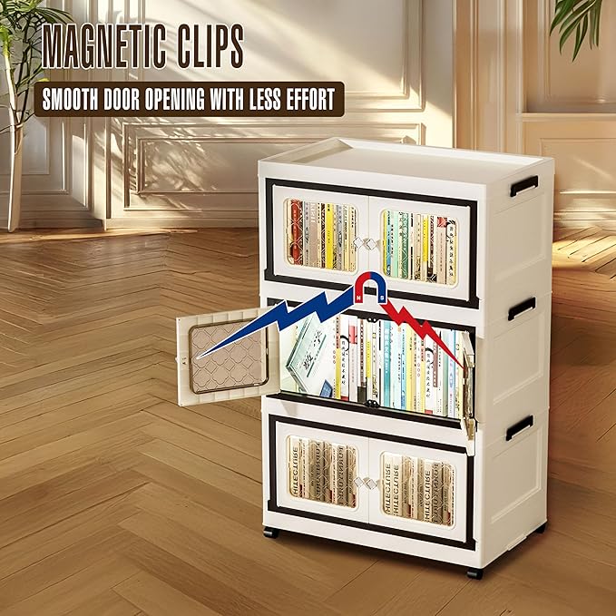 SunSettler Large Collapsible Plastic Storage Bins with Lid Stackable Cabinets with Wheels Folding Storage Cabinets Stackable Closet Organizers for Home and Office