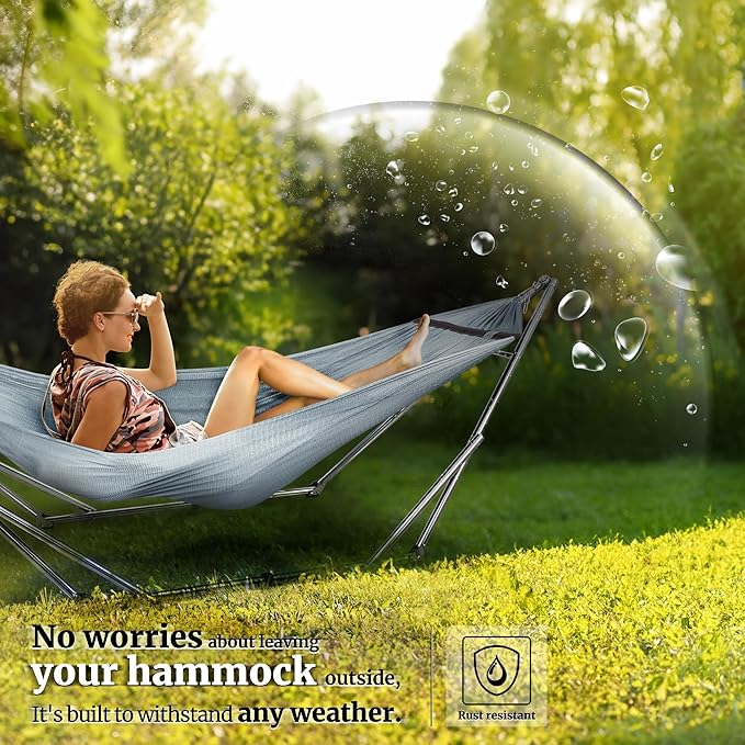 Tranquillo Adjustable Hammock Stand Collapsible Camping Hammock with Stand 650 lbs Capacity Double Hammock Stand Foldable Stainless Steel Breathable Polyester Hammock Net Carry Bag Included Grey