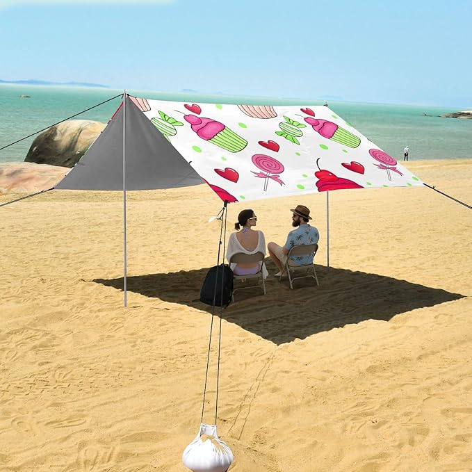 Beach Canopy with Windproof Ropes &amp Sandbags Beach Tent Sun Shade Sun Shelter for Camping Trips Fishing Backyard Fun or Picnics Cake