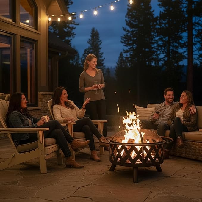 Sunnydaze Crossweave Outdoor Fire Pit - Wood-Burning Fire Pit for Outside with Spark Screen Poker and Round Cover - 30-Inch - Bronze