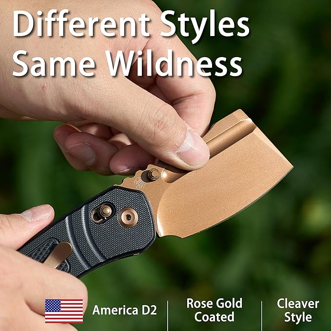 KANSEPT Korvid V Pocket Knife 2.91'' America Rose Gold Coated D2 Blade Black G10 with Diamond Pattern Handle Thumb Stud with Crossbar Lock Double Sided Clip for EDC Camping Folding Knives TE2030V1
